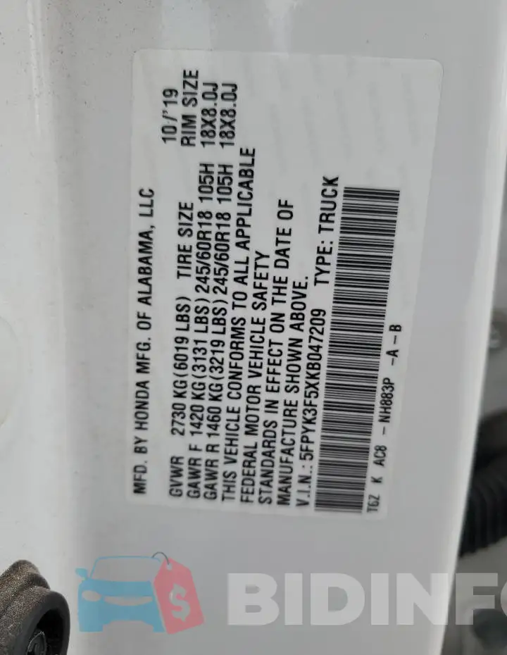 5FPYK3F5XKB047209 Photo# 13