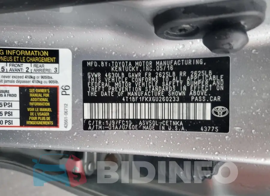 4T1BF1FKXGU260233 Photo# 12