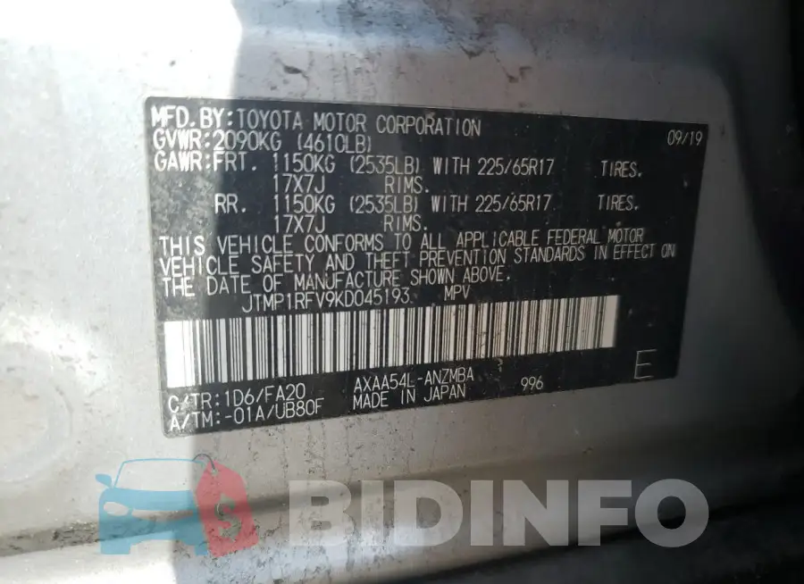 JTMP1RFV9KD045193 Photo# 13
