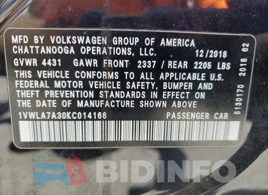 1VWLA7A30KC014166 Photo# 12