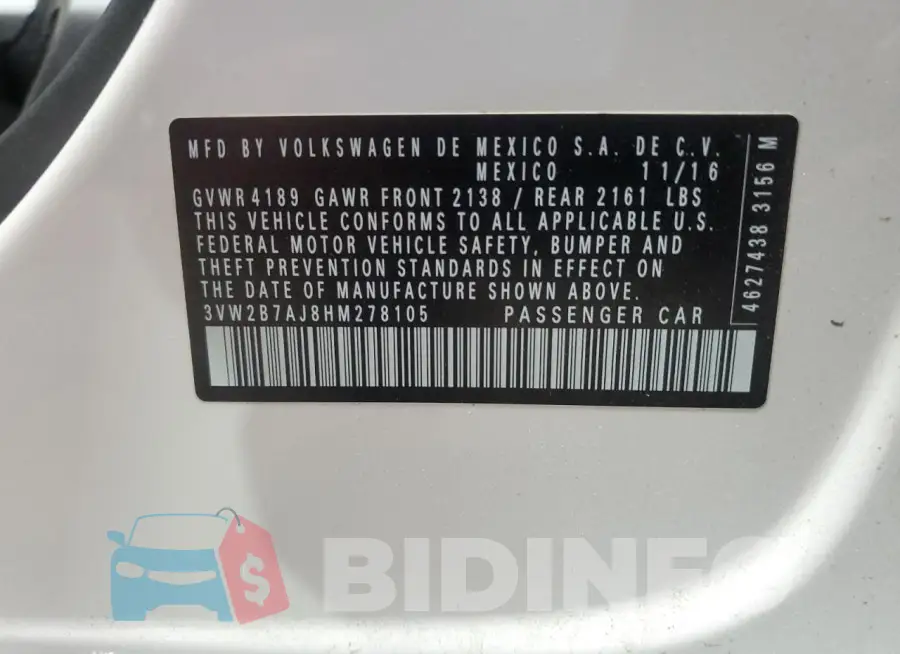 3VW2B7AJ8HM278105 Photo# 12