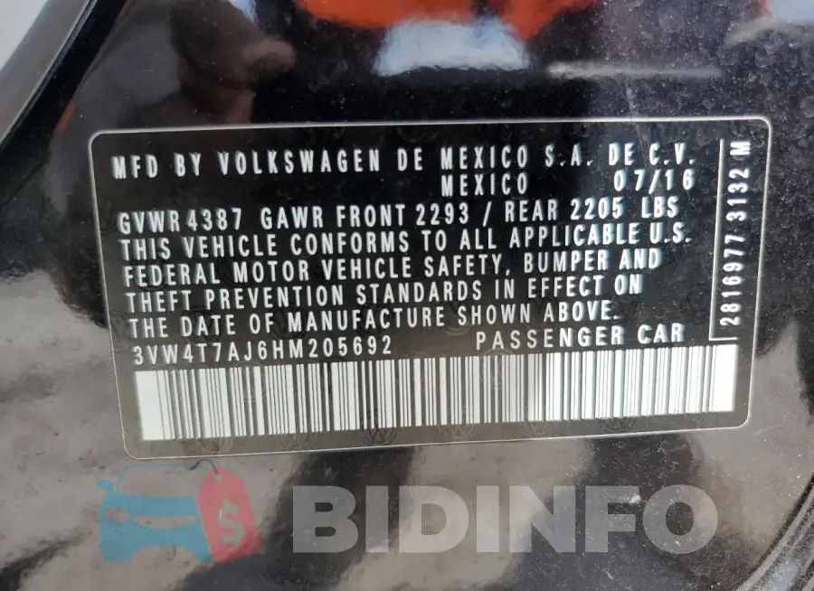 3VW4T7AJ6HM205692 Photo# 12