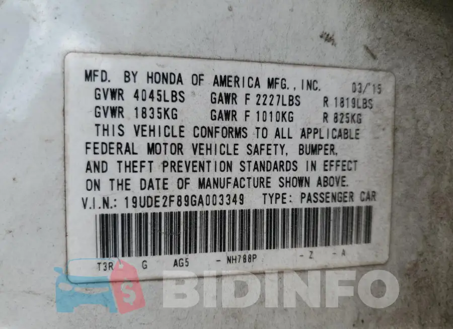19UDE2F89GA003349 Photo# 13