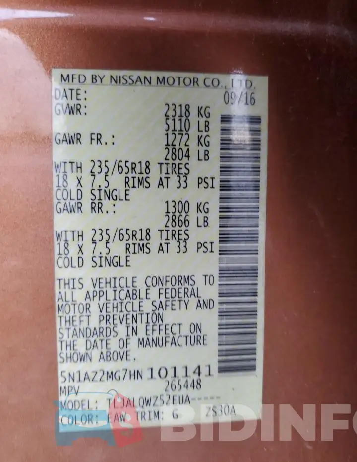 5N1AZ2MG7HN101141 Photo# 12