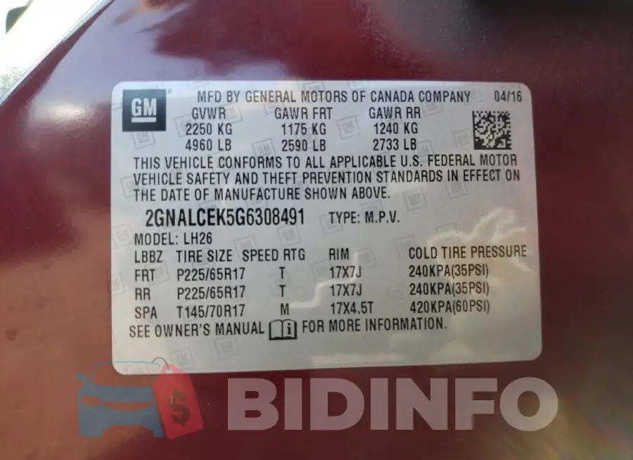2GNALCEK5G6308491 Photo# 12