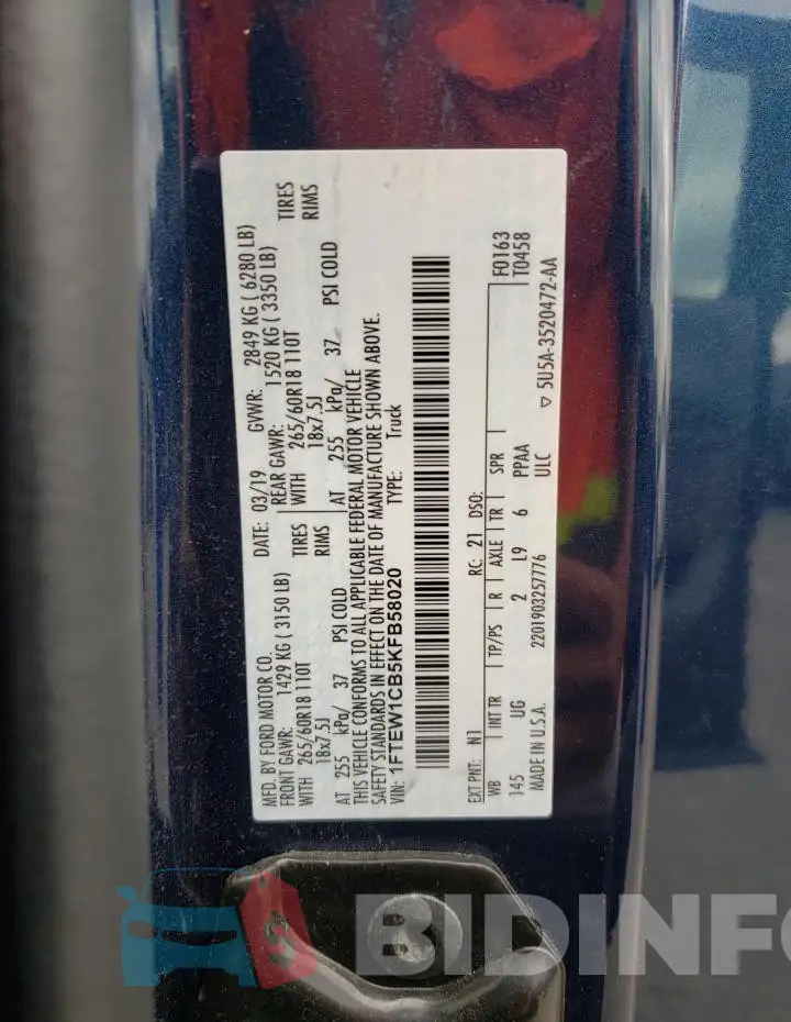 1FTEW1CB5KFB58020 Photo# 12