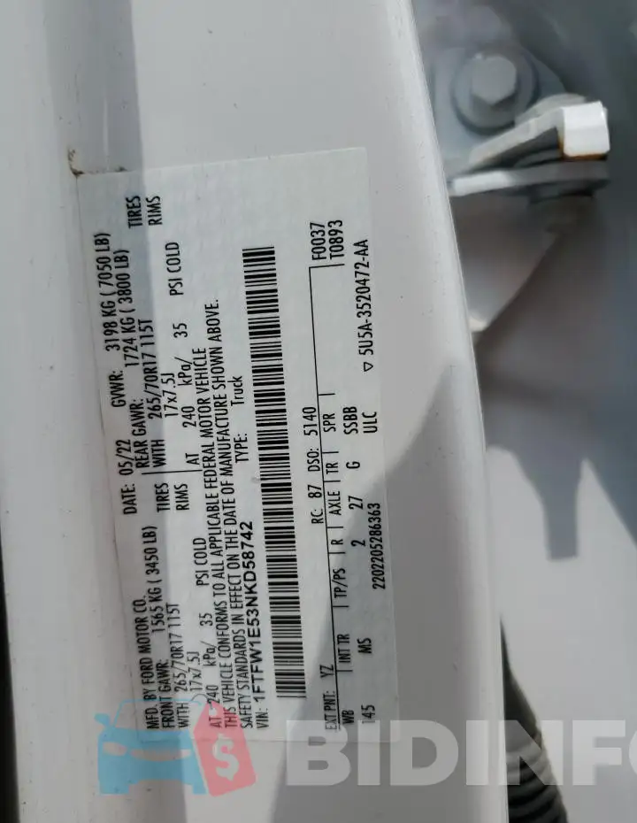 1FTFW1E53NKD58742 Photo# 12