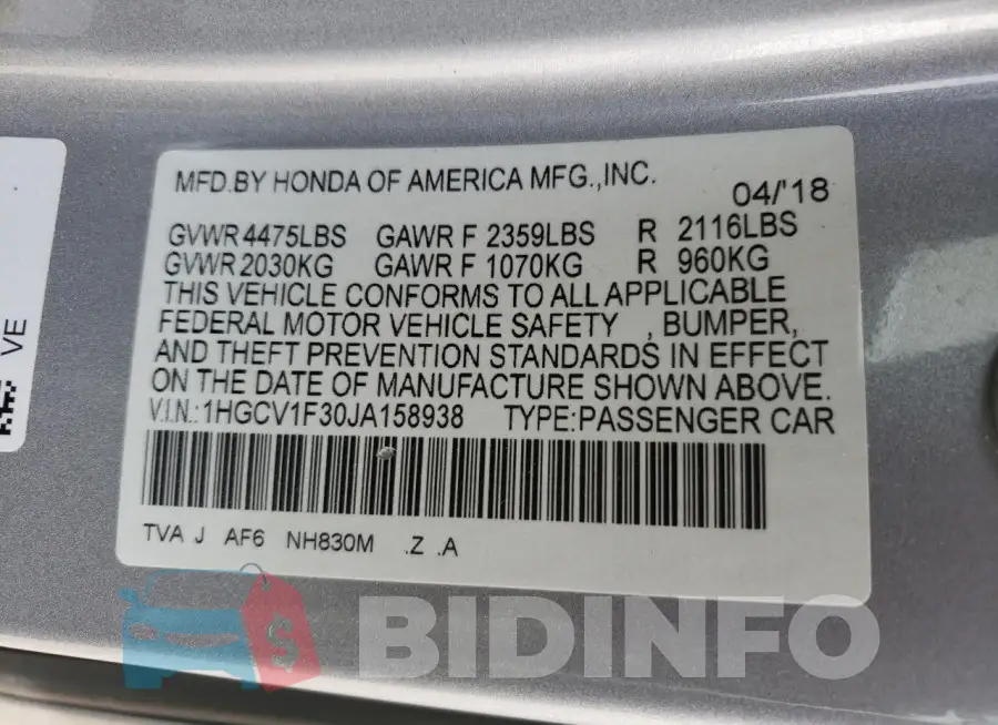 1HGCV1F30JA158938 Photo# 12