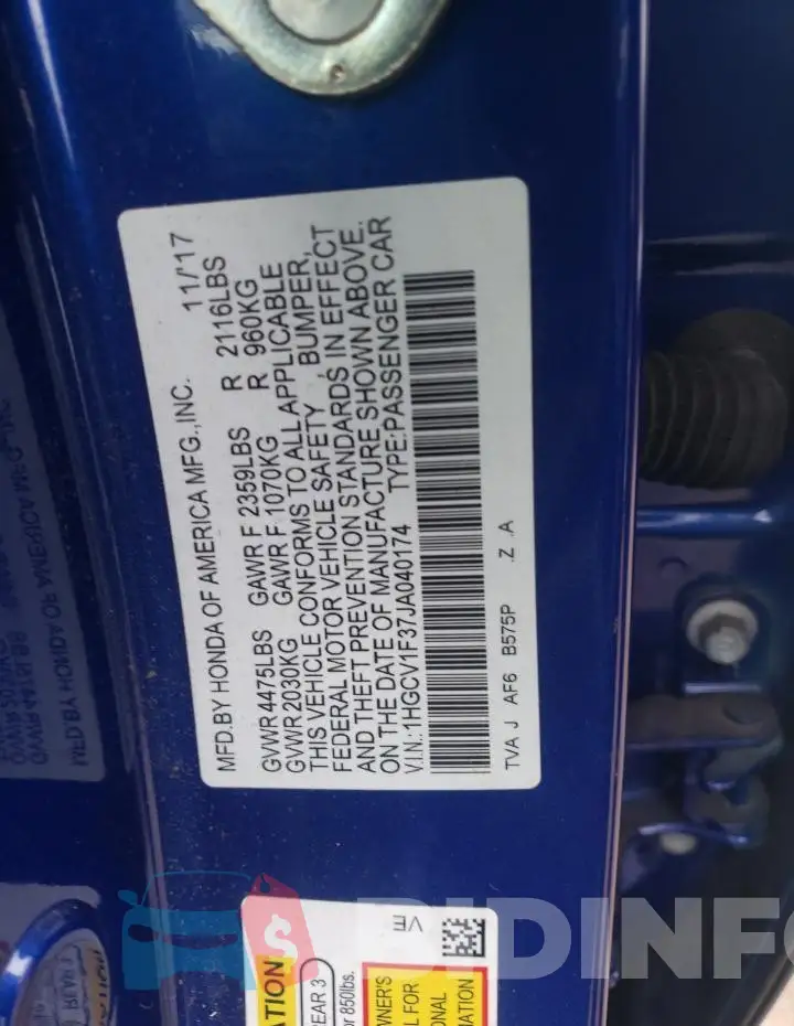 1HGCV1F37JA040174 Photo# 12