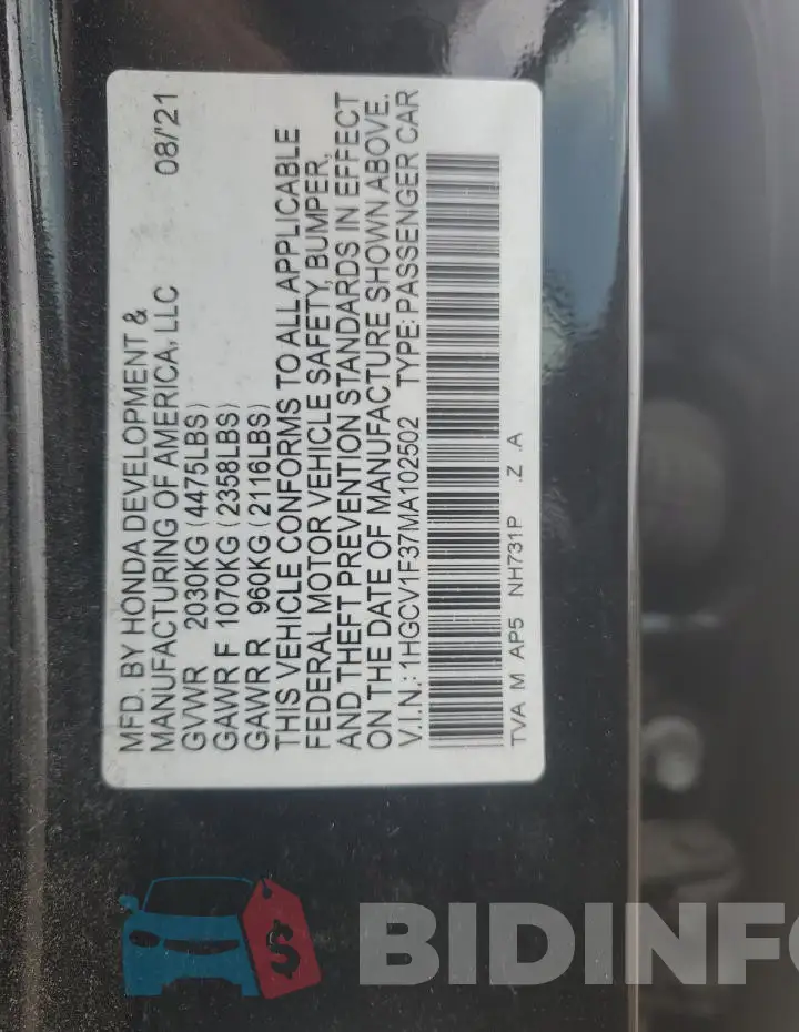 1HGCV1F37MA102502 Photo# 12