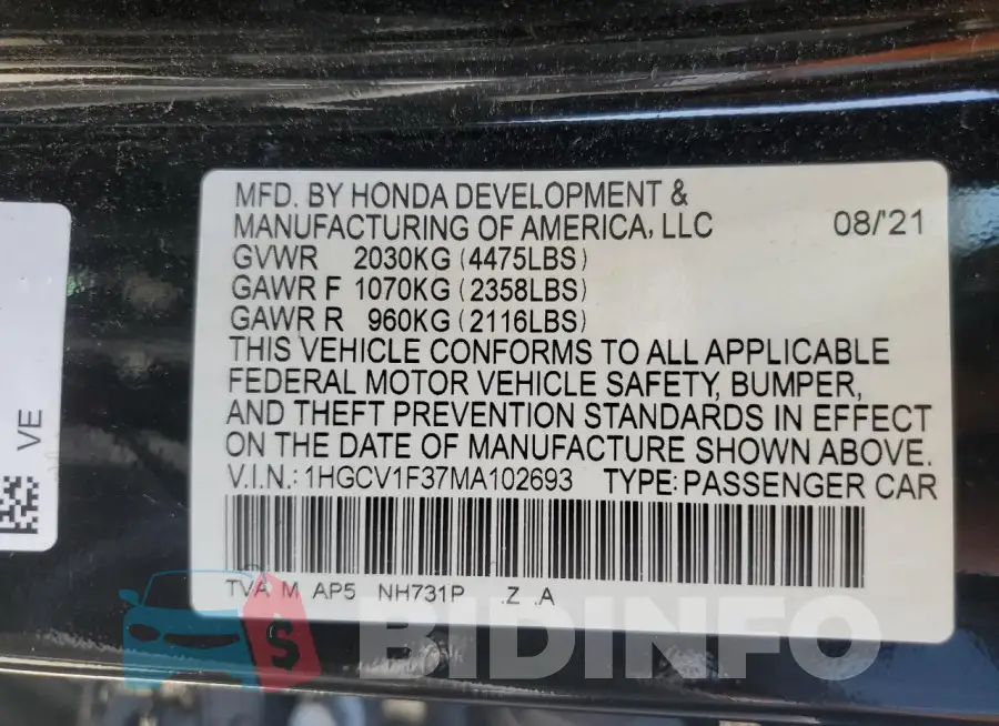 1HGCV1F37MA102693 Photo# 12