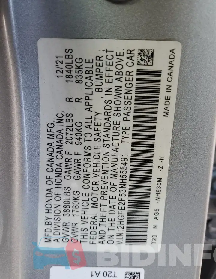 2HGFE2F53NH555491 Photo# 12