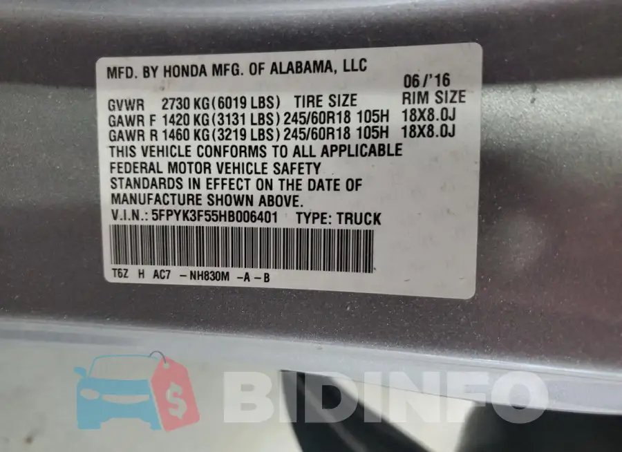 5FPYK3F55HB006401 Photo# 12