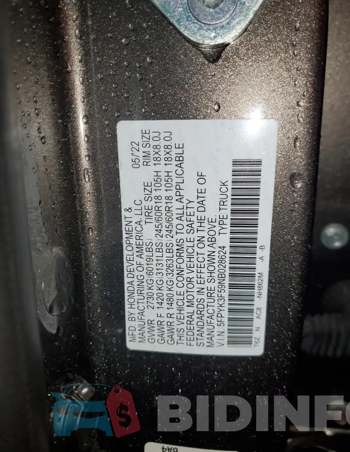 5FPYK3F59NB028624 Photo# 12