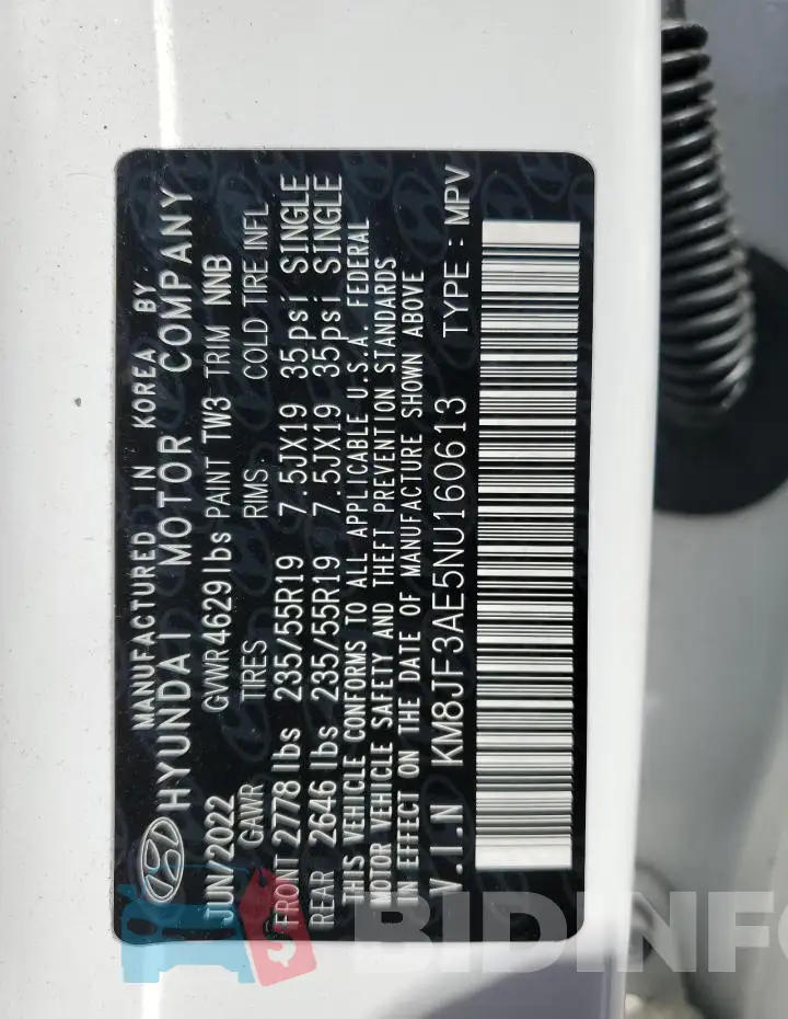 KM8JF3AE5NU160613 Photo# 13
