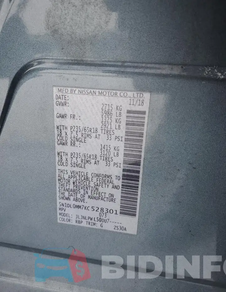 5N1DL0MM7KC528301 Photo# 13
