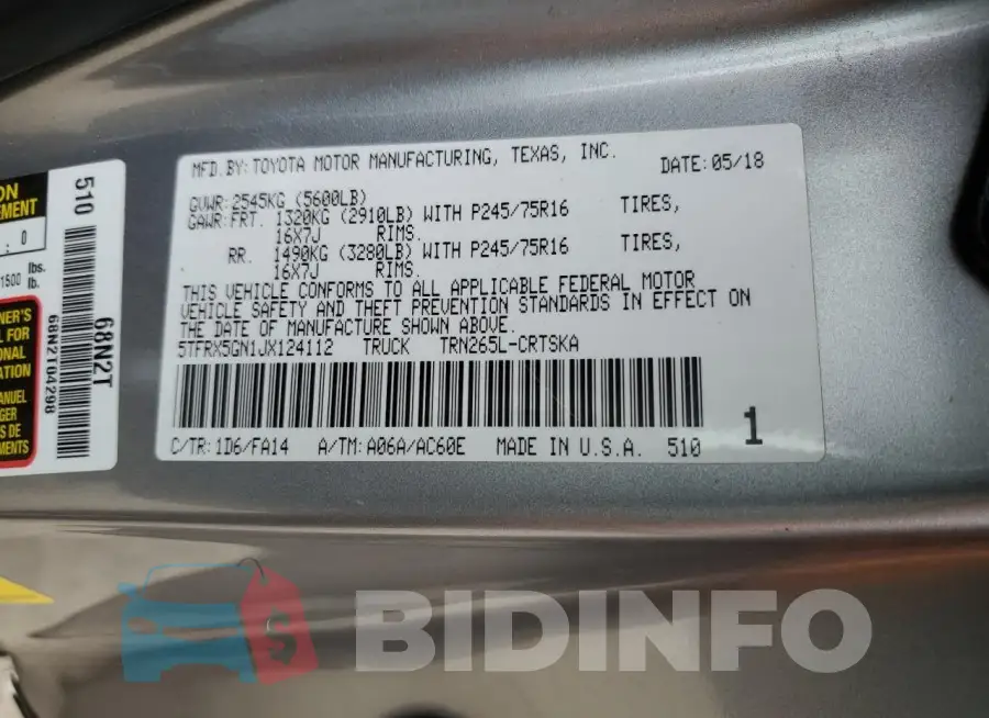 5TFRX5GN1JX124112 Photo# 13