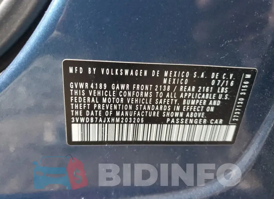 3VWDB7AJXHM203205 Photo# 12
