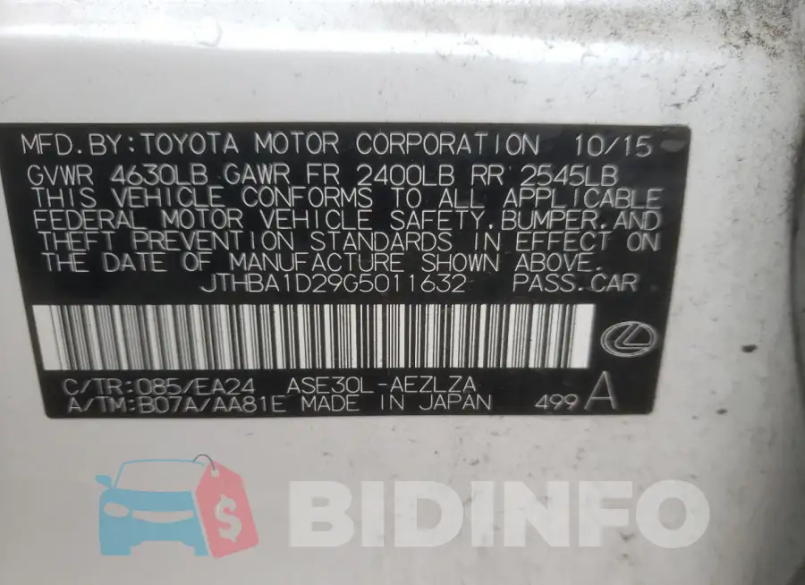 JTHBA1D29G5011632 Photo# 13