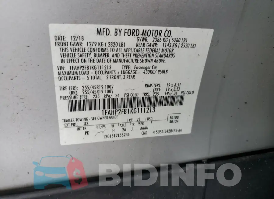 1FAHP2F81KG111213 Photo# 12