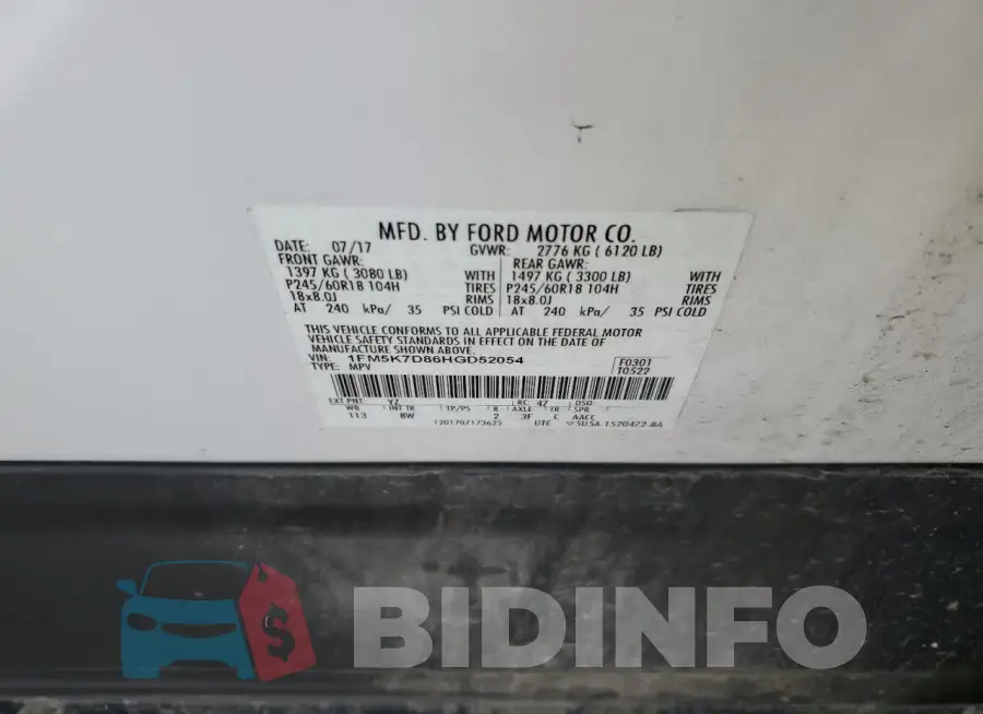 1FM5K7D86HGD52054 Photo# 13