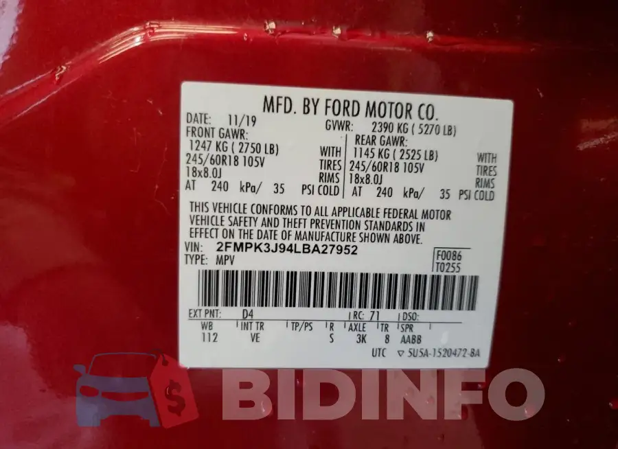 2FMPK3J94LBA27952 Photo# 12