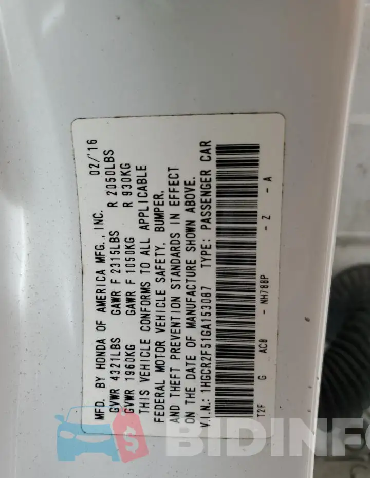 1HGCR2F51GA153087 Photo# 12
