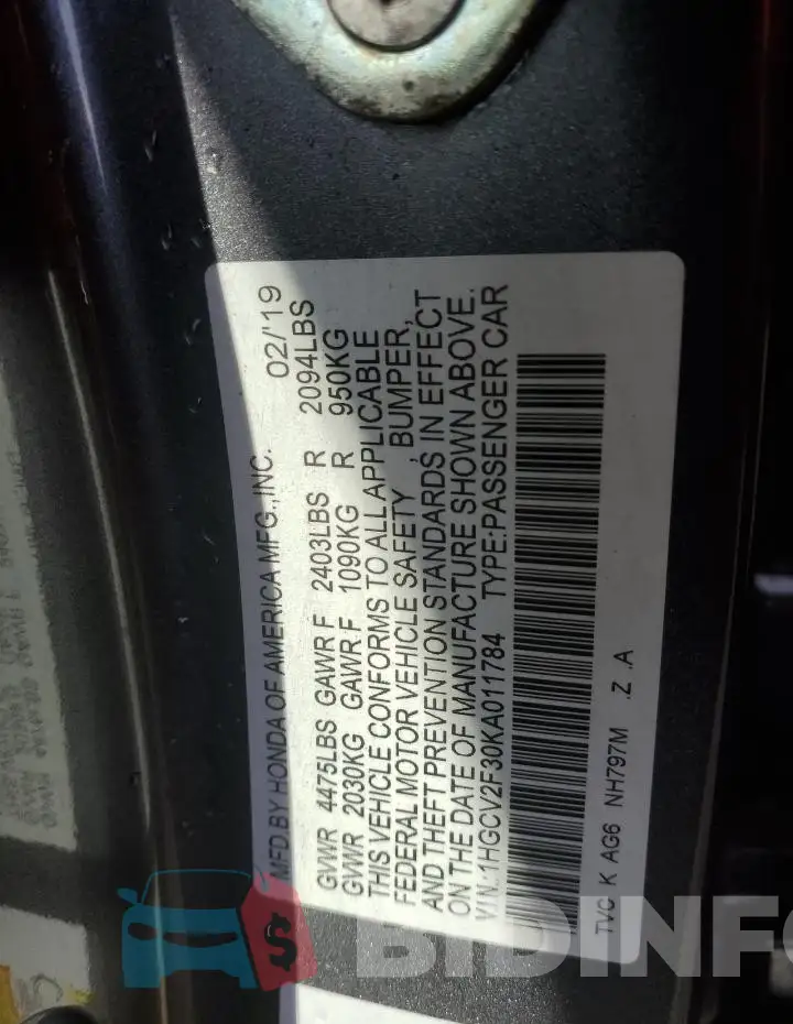 1HGCV2F30KA011784 Photo# 12