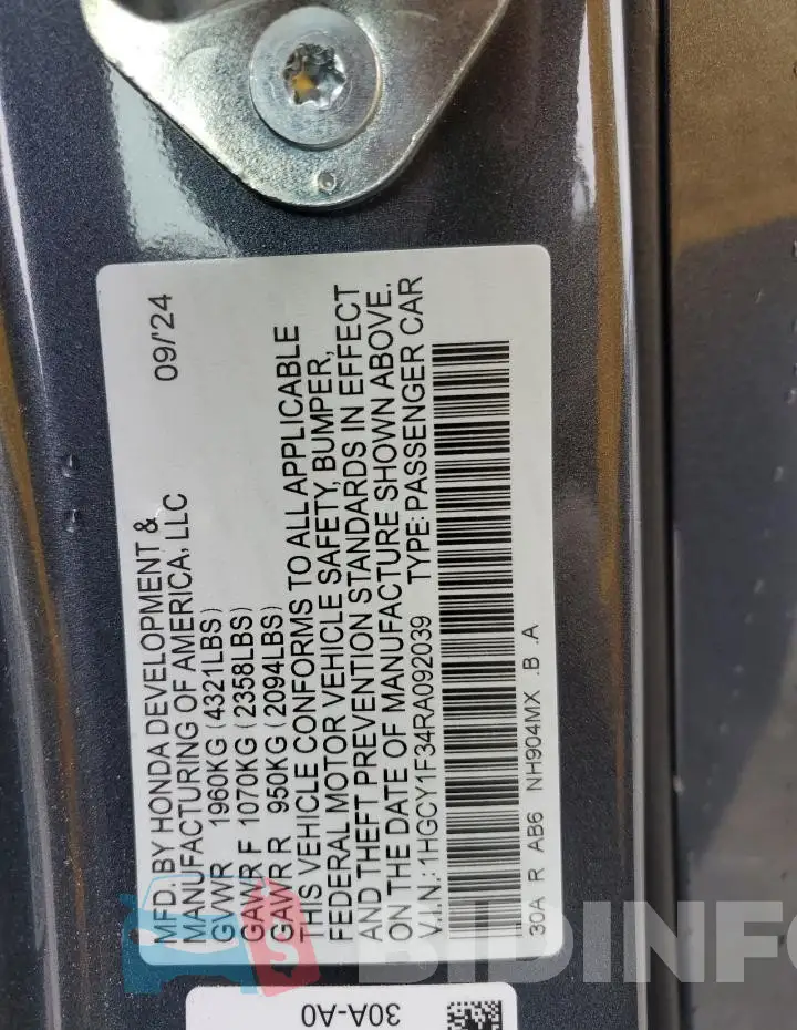 1HGCY1F34RA092039 Photo# 12