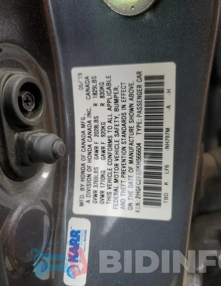 2HGFC2F69KH566604 Photo# 12