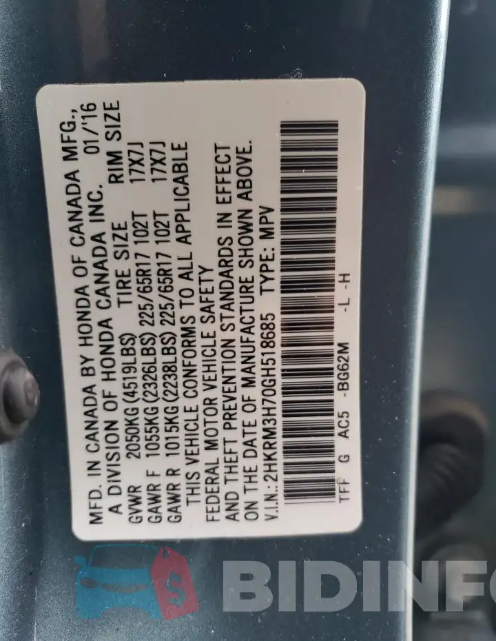 2HKRM3H70GH518685 Photo# 13