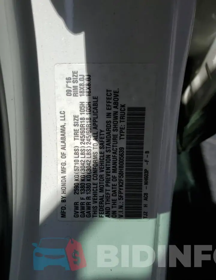 5FPYK2F58HB005639 Photo# 13