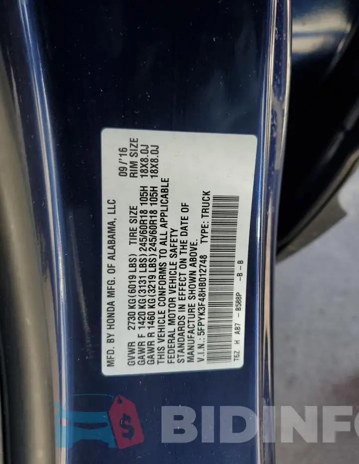 5FPYK3F48HB012748 Photo# 12
