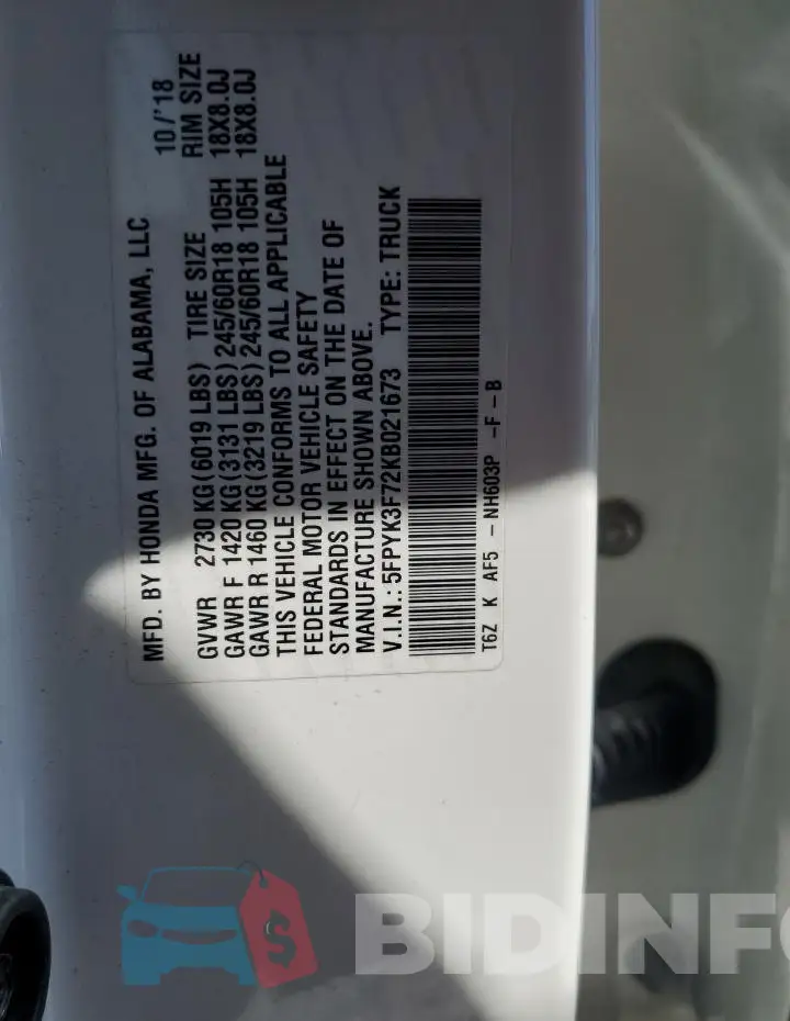 5FPYK3F72KB021673 Photo# 12