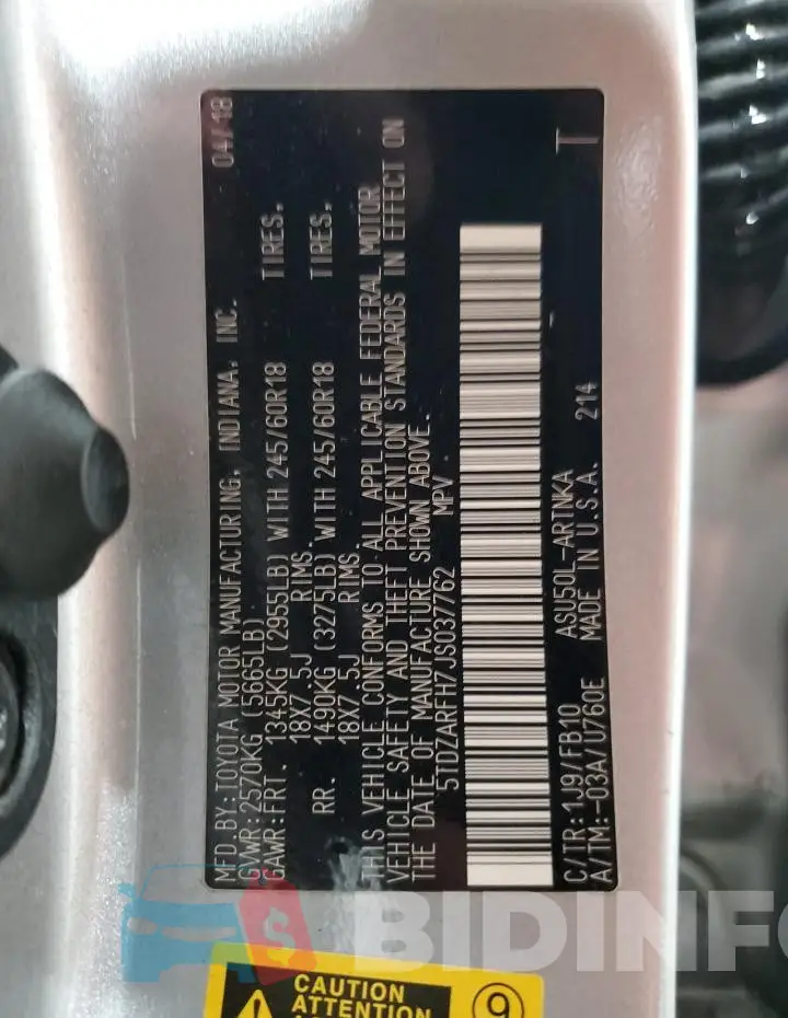 5TDZARFH7JS037762 Photo# 13