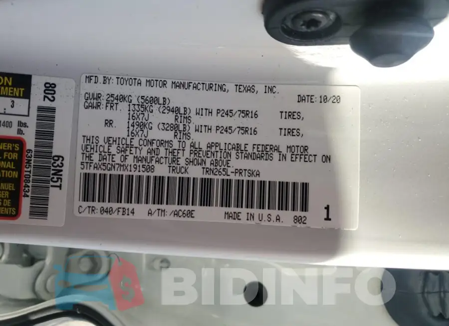 5TFAX5GN7MX191508 Photo# 12