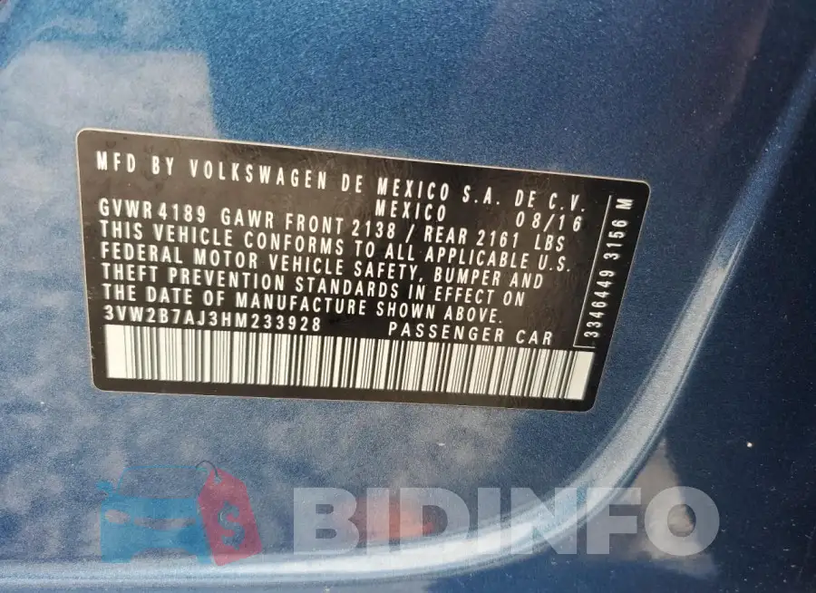 3VW2B7AJ3HM233928 Photo# 12