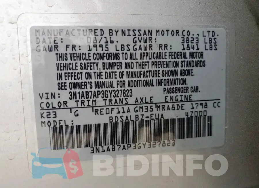 3N1AB7AP3GY327823 Photo# 12