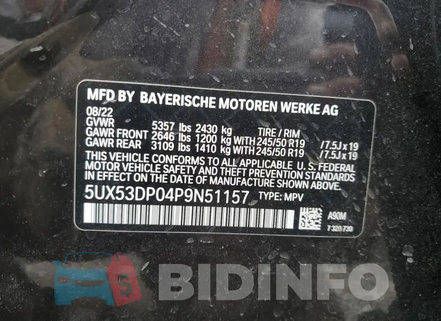 5UX53DP04P9N51157 Photo# 13