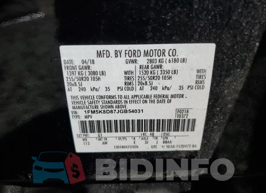 1FM5K8D87JGB54031 Photo# 14