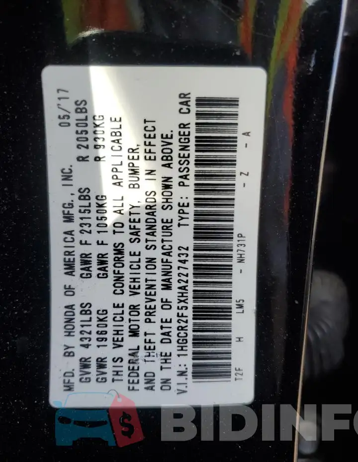 1HGCR2F5XHA227432 Photo# 13