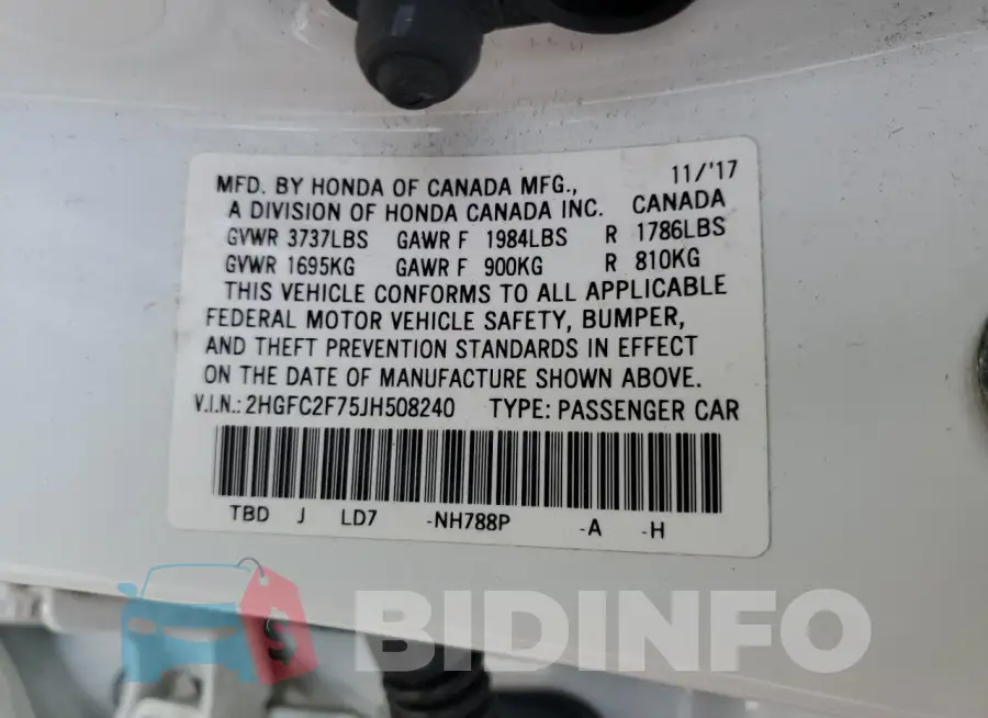 2HGFC2F75JH508240 Photo# 13
