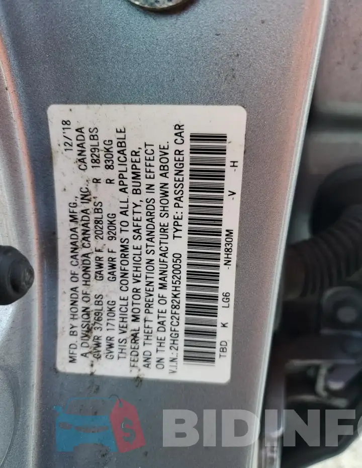 2HGFC2F82KH520050 Photo# 12