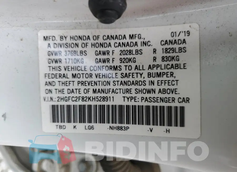 2HGFC2F82KH528911 Photo# 12