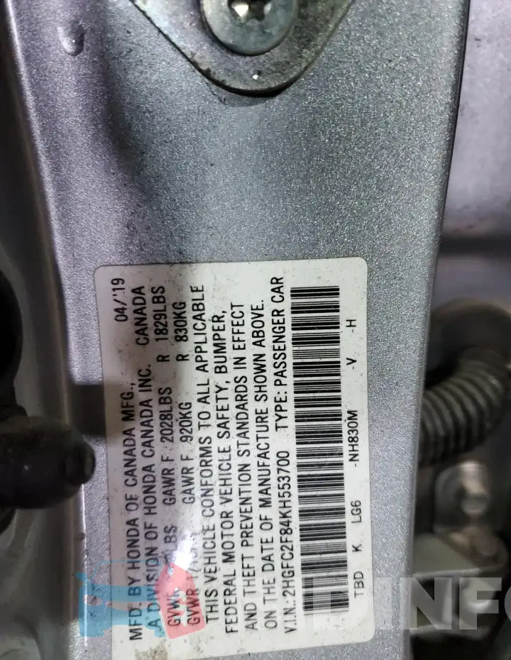 2HGFC2F84KH553700 Photo# 13