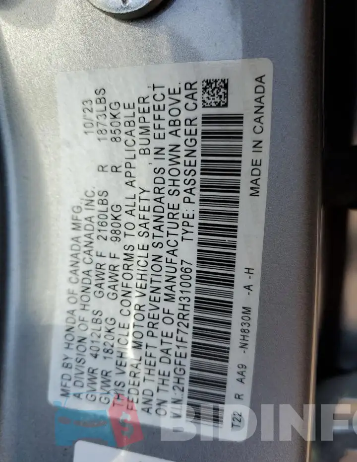 2HGFE1F72RH310067 Photo# 13