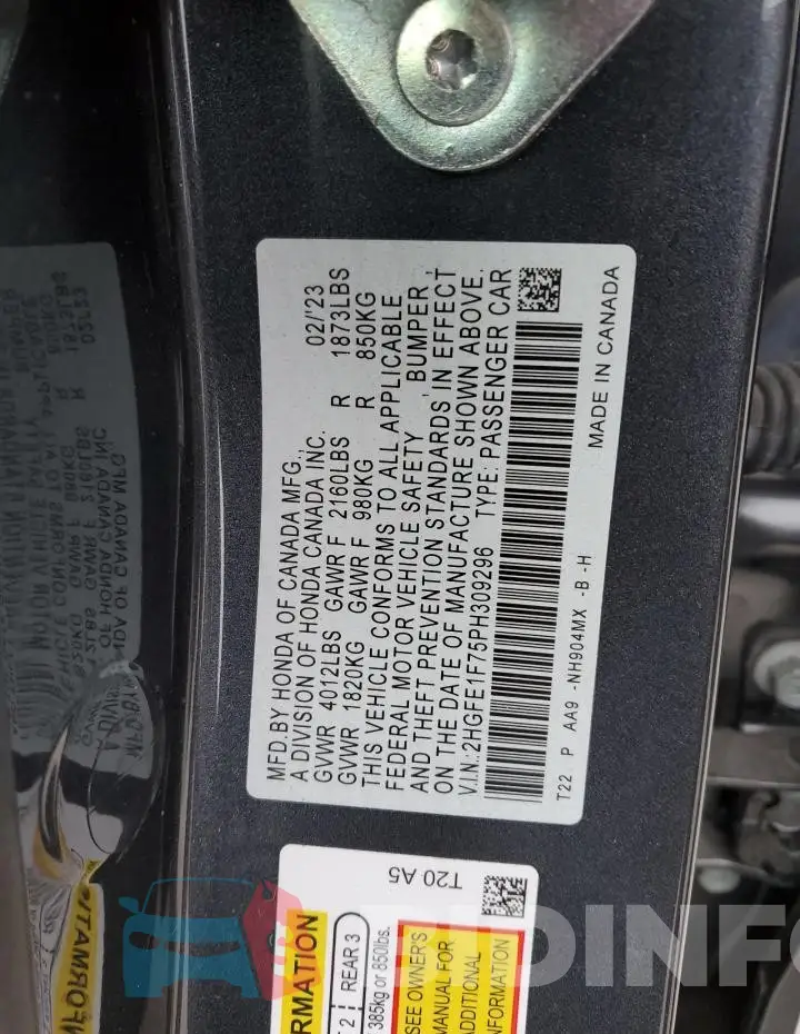 2HGFE1F75PH309296 Photo# 12