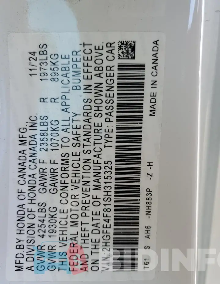 2HGFE4F81SH315325 Photo# 12