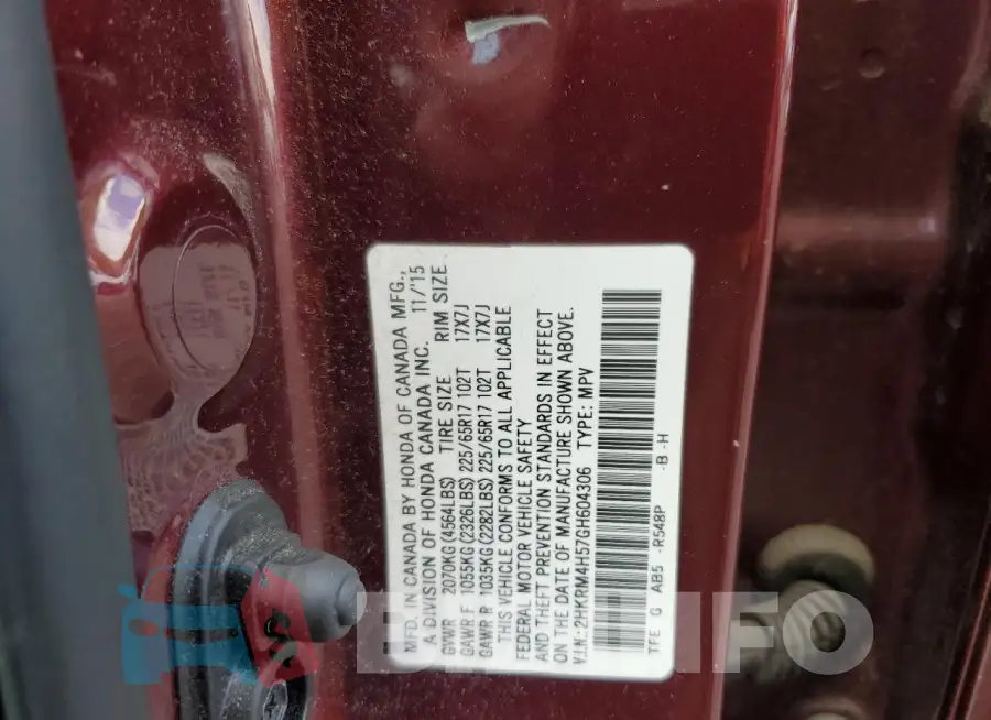 2HKRM4H57GH604306 Photo# 13
