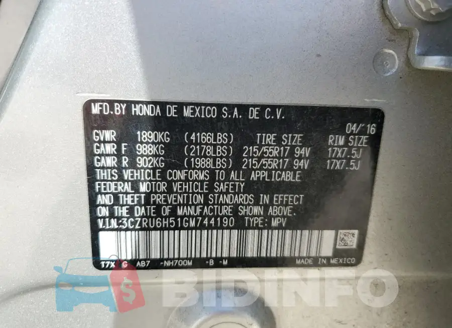 3CZRU6H51GM744190 Photo# 12